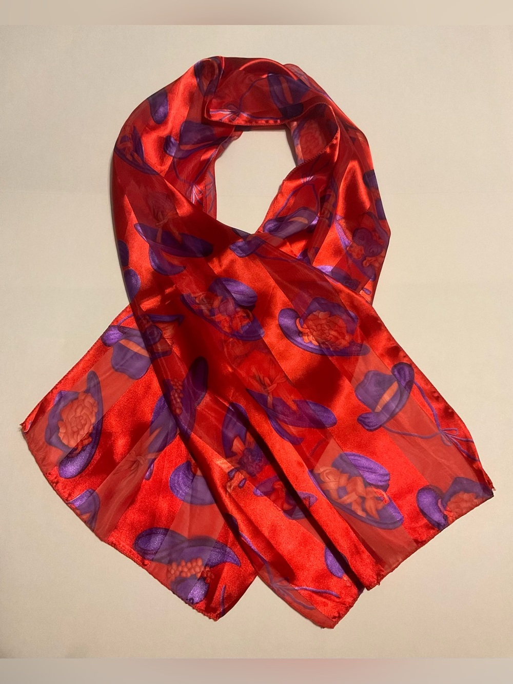 Red Satin Scarf with Purple Floral Hat Pattern - Women's Accessory